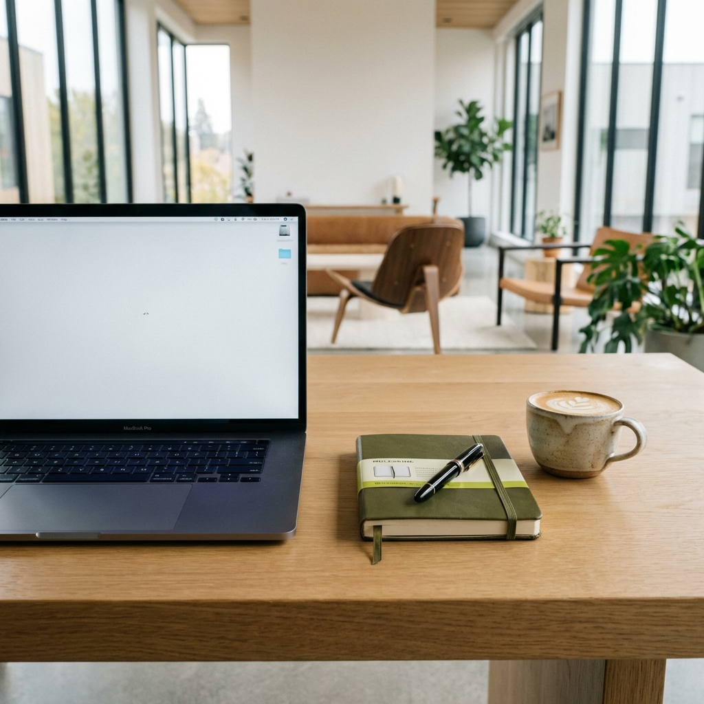 Ein aufgeschlagener Laptop, ein Notizbuch auf Papier und eine Tasse Kaffee auf einem Schreibtisch in einem Büro